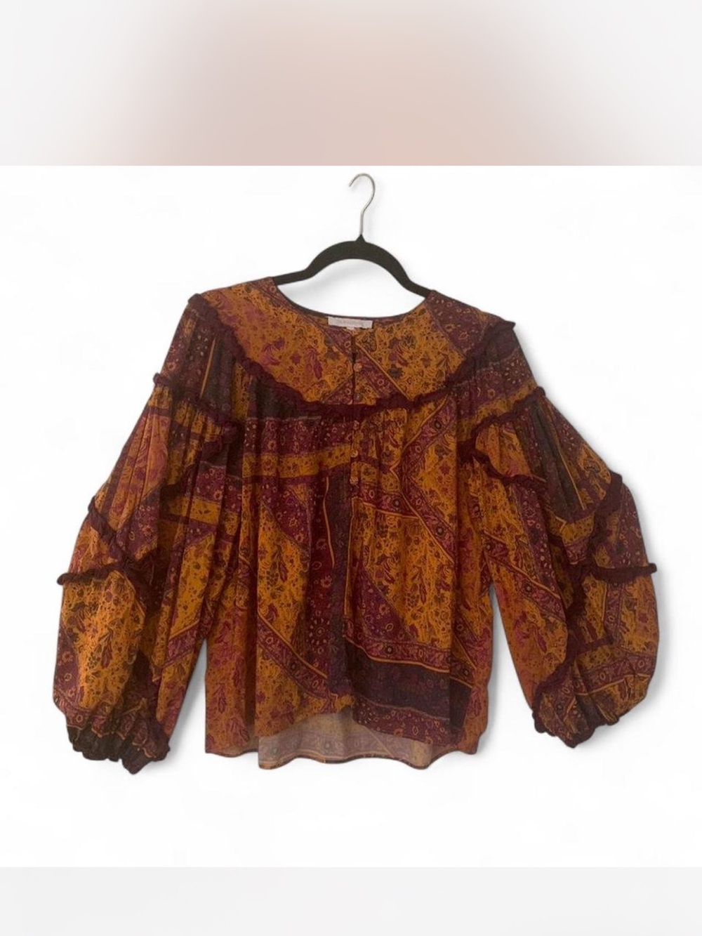 Olivaceous Burgundy & yellow-orange  Paisley Peasant Blouse size M